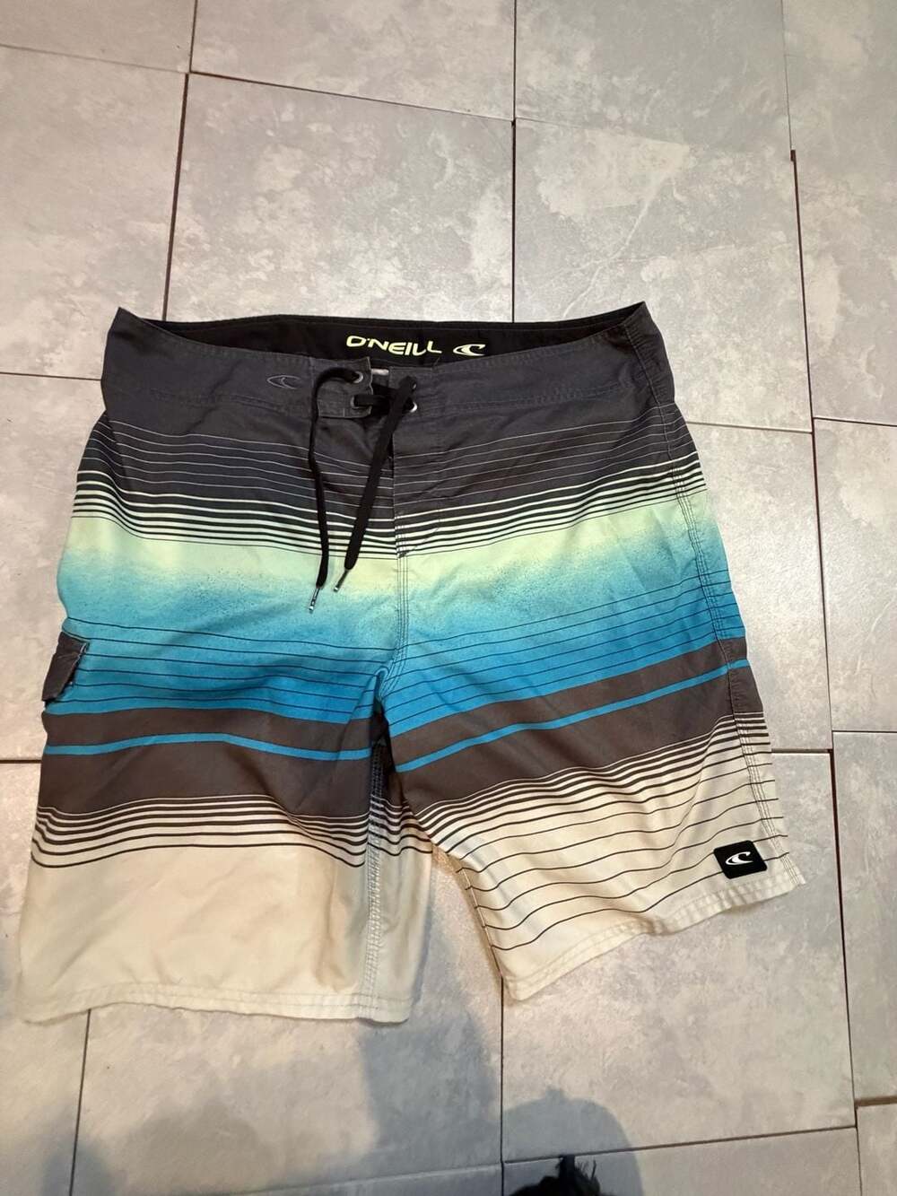 O'Neill Board Shorts Size 36 Striped Blue Green Surf Trunks